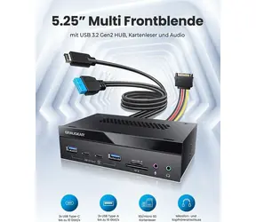 GrauGear Multi Frontblende 8-Port / Frontpanel / USB 3.2 Gen 1 / čtečka SD, microSD / 6 portů