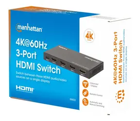 Manhattan HDMI Switch 3 vstupy / HDMI přepínač / 4K 60Hz / HDCP 2.2 / Dolby Vision, Atmos / kovové tělo