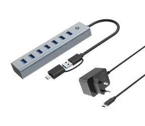 Conceptronic USB hub 7x USB-A 3.0 šedý / USB hub / USB-C adaptér / napájecí adaptér / hliníkové tělo