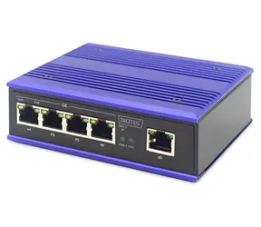 Digitus Switch Ind. modrá / Switch / Průmyslový / 4x Gigabit + 1x Uplink / PoE+ 120W / Unmanaged / DIN lišta