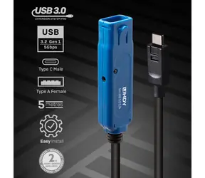 Lindy USB-C - USB-A aktivní prodlužovací kabel černá / Kabel USB / USB 3.2 Gen 1 / 5 m
