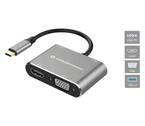 Conceptronic USB-C dokovací adaptér černá/stříbrná / Dokovací stanice / HDMI 4K/30Hz / VGA / USB-A 3.0 / PD 100W