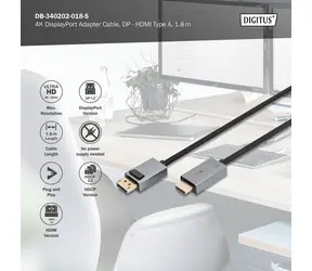 Digitus / DisplayPort připojovací kabel / DP/M - HDMI-A/M / 4K / 1,8 m