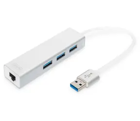 Digitus DA-70250-1 bílá / USB hub s LAN adaptérem / USB 3.0 / 3x USB-A / Gigabit LAN