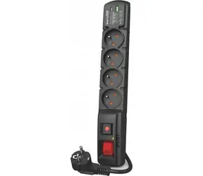 Acar F4 černá / Prodlužovací kabel / 4 zásuvky / přepěťová ochrana / 2x USB / 5m