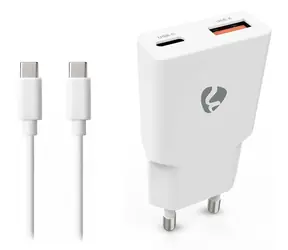 Nedis GaN 30W bílá / Síťová nabíječka / USB-C PD3.0 + USB-A QC / kabel USB-C - USB-C 1,5 m
