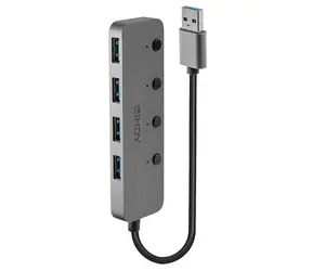 Lindy USB hub 4 porty šedá / USB hub / vypínače portů / USB 3.0 / 5 Gb/s / hliníkové tělo