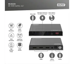 Digitus DS-55339 černá / Rozbočovač / HDMI 1x2 / 8K 60Hz / Downscaling / HDMI 2.1