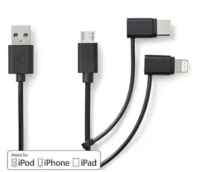 Nedis USB-A kabel 3v1 černá / Datový kabel / Lightning, Micro-B, USB-C / 480 Mbps / 1 m