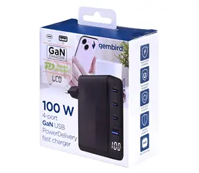 Gembird GaN nabíječka 100W LCD černá / Nabíječka / 3x USB-C / 1x USB-A / PD, QC 3.0