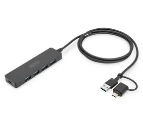 Digitus USB Hub Slim Line 4-Port černá / USB hub / USB 3.2 Gen 1 / 4x USB-A / USB-C napájení / 1,2 m kabel