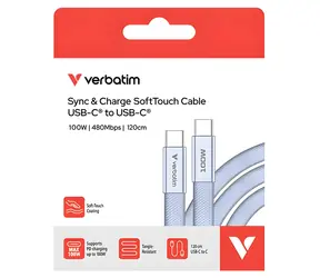 Verbatim Sync & Charge SoftTouch fialová / Kabel USB-C / USB-C(M) / USB-C(M) / 100 W / 1,2 m