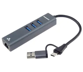 PremiumCord adaptér USB-C/USB-A na Gigabit Ethernet + 3x USB stříbrný / Adaptér / RJ45 10/100/1000 / USB 3.2 5Gbps