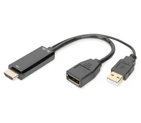 Digitus redukce HDMI A - DisplayPort 4K 0,2 m černá / Redukce / 30 Hz / USB-A napájení / pozlacené konektory