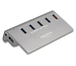DeLock 5portový USB hub šedá / USB hub / 4x USB-A 10 Gbps + 1x rychlonabíjecí port / kovové tělo / AC adaptér