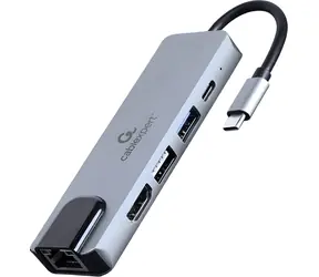 Gembird A-CM-COMBO5-04 stříbrná / Hub 5v1 / HDMI 4K/30Hz / USB-A / RJ45 / USB-C PD 87W