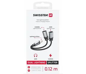 Swissten Textile černá / Audio adaptér / Lightning (samec) - 2x Lightning (samice) / 0,12 m