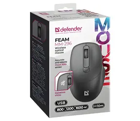 Defender FEAM MM-296 černá / Bezdrátová optická myš / 1600 DPI / 10 m / 2.4 GHz