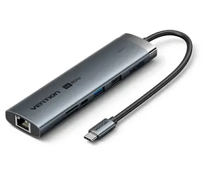 Vention USB-C 8v1 dokovací stanice šedá / Dokovací stanice / HDMI 4K/60Hz / LAN / USB-C PD 100W / SD/TF čtečka