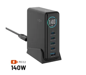 FIXED Dokovací GaN stanice černá / Nabíjecí stanice / TFT displej / 4x USB-C + USB-A / PD 3.2 / 140W