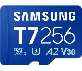 Samsung T7 modrá / Paměťová karta microSDXC / 256 GB / UHS-I U3 / V30, A2 / čtení: 170 MB/s / zápis: 130 MB/s