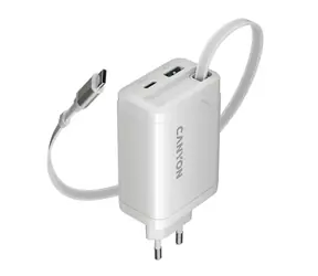 Canyon OnCharge 65RC bílá / Nabíjecí adaptér / USB-C / 65W / vestavěný kabel 68 cm