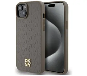 DKNY PU Leather Pattern Metal Logo hnědá / Zadní kryt / Apple iPhone 15 Plus, 14 Plus / Magnetický