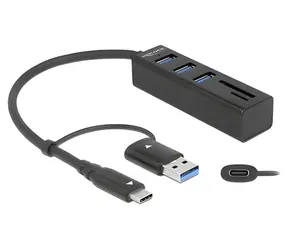 DeLock 63859 / USB hub / USB-A + USB-C / SD a microSD čtečka karet / USB 3.2 Gen 1 / kovový