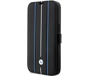 BMW Leather Stamp Blue Lines iPhone 14 Pro černá / Knížkové pouzdro / Ražený vzor