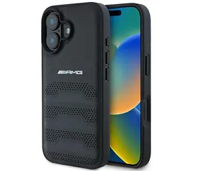 Mercedes AMG Leather Debossed Lines černá / Zadní kryt pro Apple iPhone 16 / Kožený / Logo