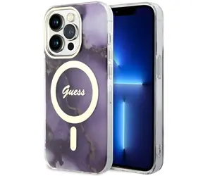 GUESS Golden Marble Kryt pro Apple iPhone 14 Pro fialová / Kryt na mobilní telefon / MagSafe / Hardcase