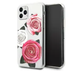 GUESS Flower Desire iPhone 11 Pro transparentní, Pink & White Rose / Zadní kryt / Hardcase