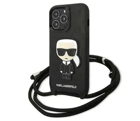 Karl Lagerfeld Monogram Ikonik černá / Kryt pro Apple iPhone 13 Pro, iPhone 13 / kožený / se šňůrkou