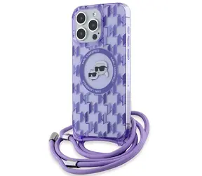 Karl Lagerfeld IML Crossbody Monogram Choupette Head fialová / Zadní kryt / pro iPhone 15 Pro / MagSafe / se šňůrkou