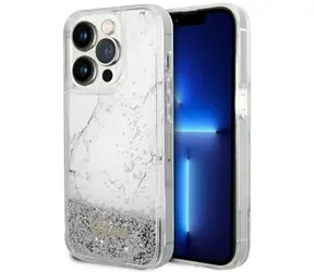 Guess Liquid Glitter Marble bílá / Zadní kryt / iPhone 14 Pro / Hardcase