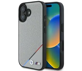 BMW M Perforovaný Tricolor Line MagSafe Zadní kryt pro iPhone 16 šedá / Pouzdro / MagSafe