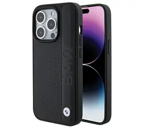 BMW Leather Textured & Stripe černá / Zadní kryt / iPhone 15 Pro / pravá kůže