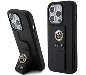 Guess Grip Stand 4G Saffiano Strass pro Apple iPhone 15 Pro Max černá / Zadní kryt / Stojánek / Štrasové kamínky