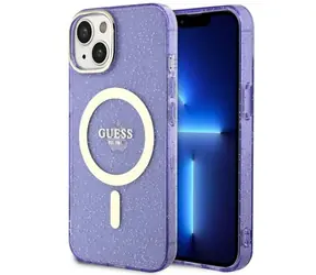 Guess iPhone 14 Plus Glitter Gold fialová / Zadní kryt / MagSafe