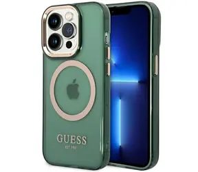 Guess Gold Outline Translucent zelená/khaki / Pevný zadní kryt pro Apple iPhone 14 Pro Max / MagSafe