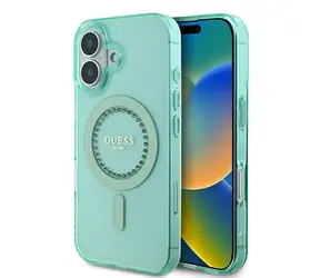 Guess IML Rhinestones MagSafe zelená / Zadní kryt / Apple iPhone 16 Plus