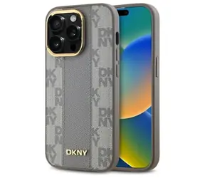 DKNY Leather Checkered Mono Pattern MagSafe béžová / Zadní kryt / Apple iPhone 14 Pro / MagSafe