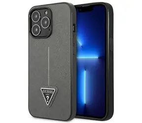 GUESS Saffiano Triangle pro Apple iPhone 14 Pro Max stříbrná / Zadní kryt / Umělá kůže