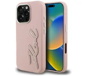 Karl Lagerfeld Grained Signature Logo růžová / Zadní kryt / iPhone 16 Pro