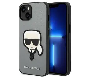 Karl Lagerfeld Saffiano Karl Head Patch iPhone 14 Plus stříbrná / Zadní kryt / PU kůže