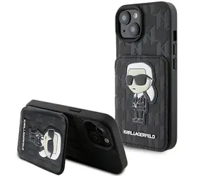 Karl Lagerfeld Saffiano Monogram Ikonik Patch černá / Zadní kryt pro Apple iPhone 15 / se stojánkem a kapsou na kartu