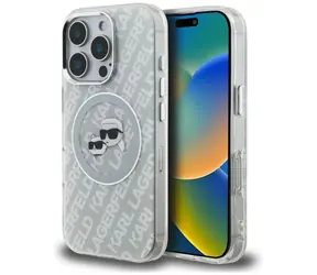 Karl Lagerfeld IML Glitter Karl and Choupette Heads šedá / Zadní kryt / MagSafe / Apple iPhone 16 Pro