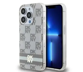 DKNY Kostkovaný kryt s pruhy pro iPhone 14 Pro béžová / Zadní kryt / MagSafe