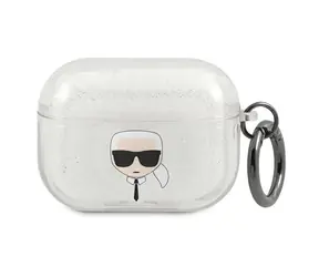 Karl Lagerfeld Glitter Karl's Head stříbrná / Pouzdro na AirPods Pro / Třpytivý povrch