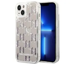 Karl Lagerfeld Liquid Glitter Monogram stříbrná / Kryt pro Apple iPhone 14 Plus / Hardcase / 6,7”